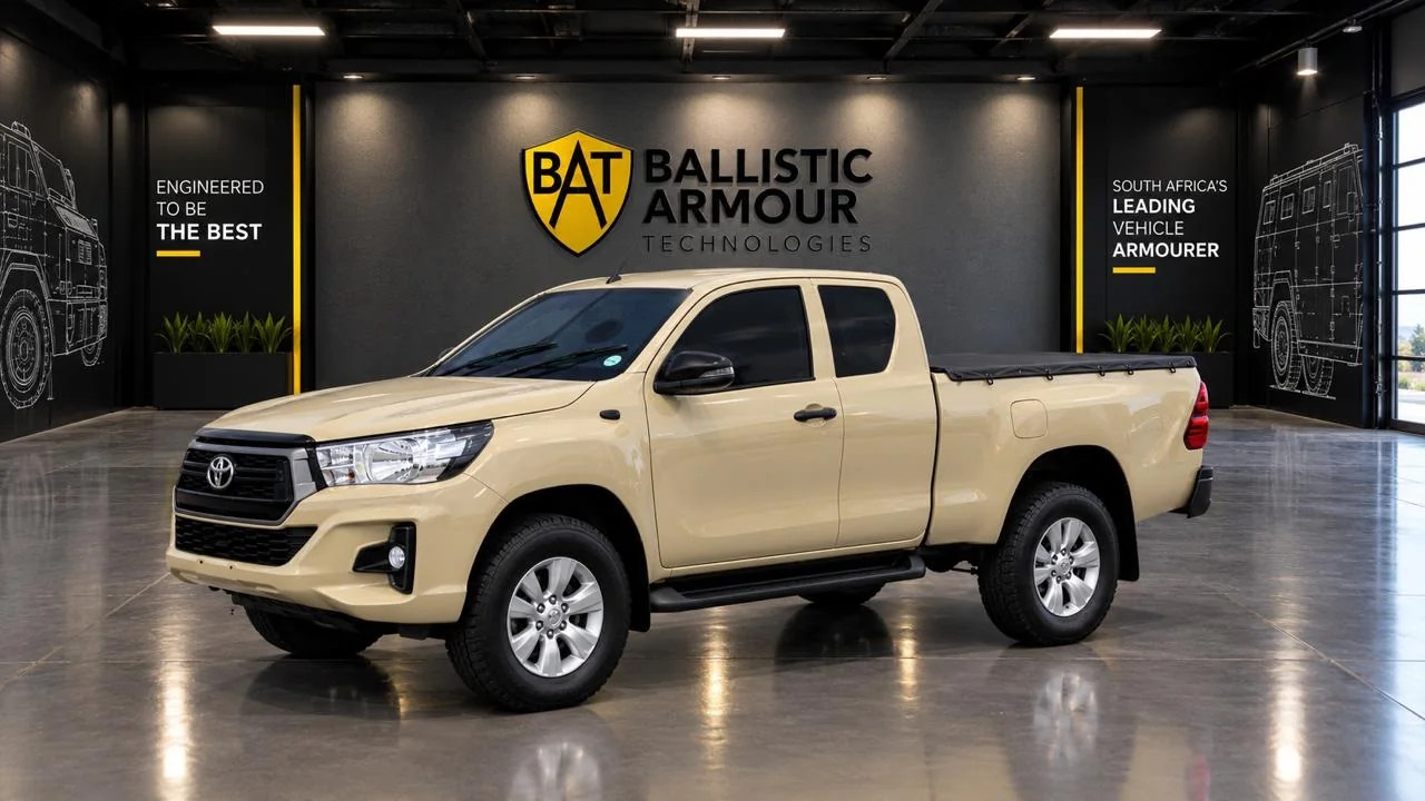 Beige Toyota Hilux club cab in a BAT-branded showroom