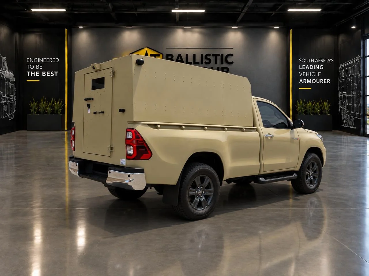 Beige Toyota Hilux single cab with armoured canopy in a BAT-branded showroom