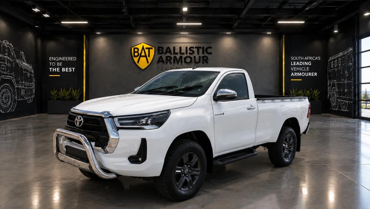 White Toyota Hilux single cab in a BAT-branded showroom