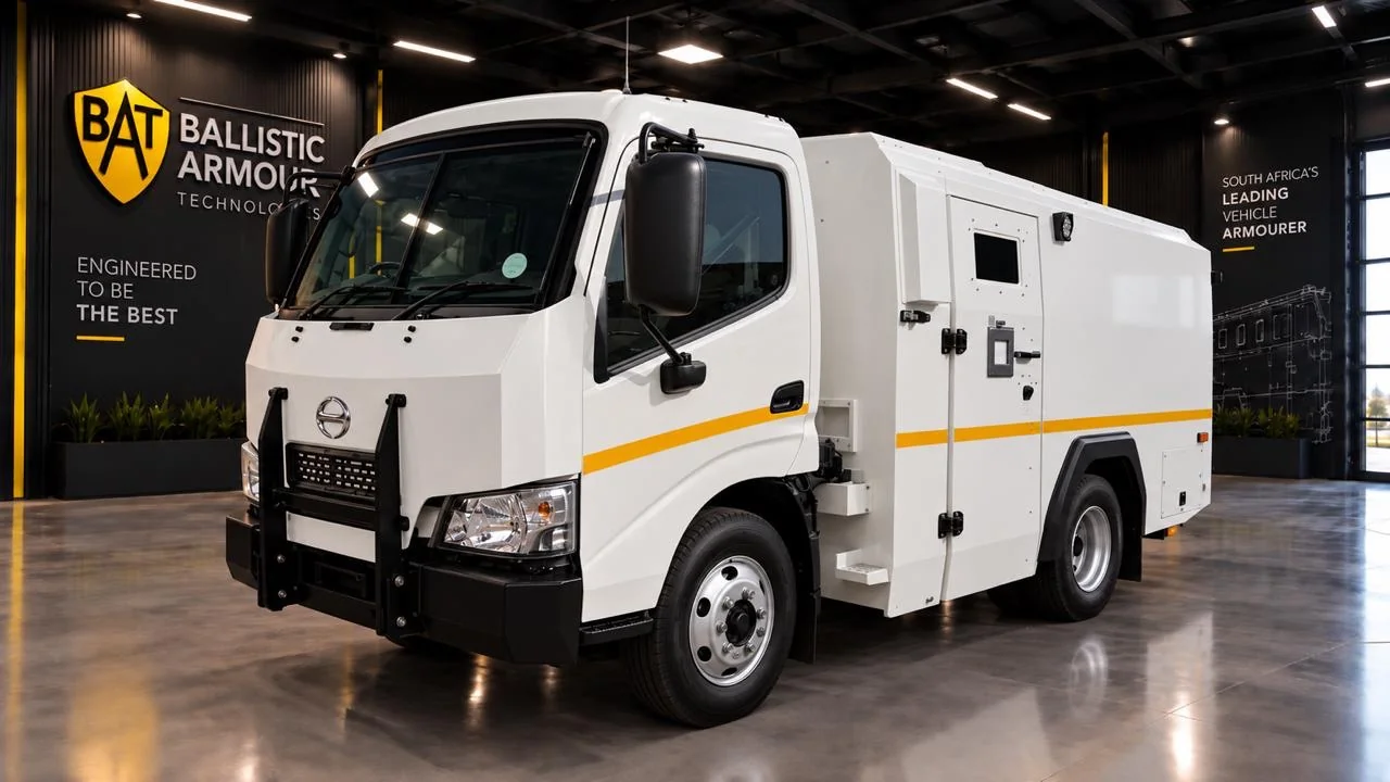 White Hino 614 armoured truck in a BAT-branded showroom