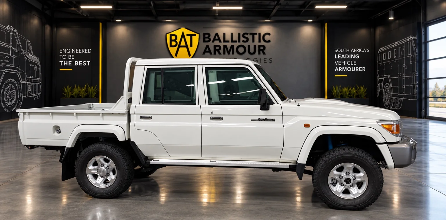 White Toyota Land Cruiser double cab in a BAT-branded showroom
