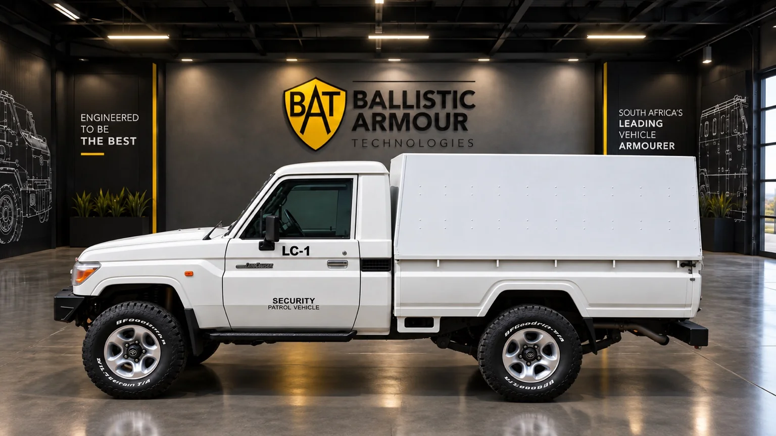 White Toyota Land Cruiser single cab with canopy in a BAT-branded showroom