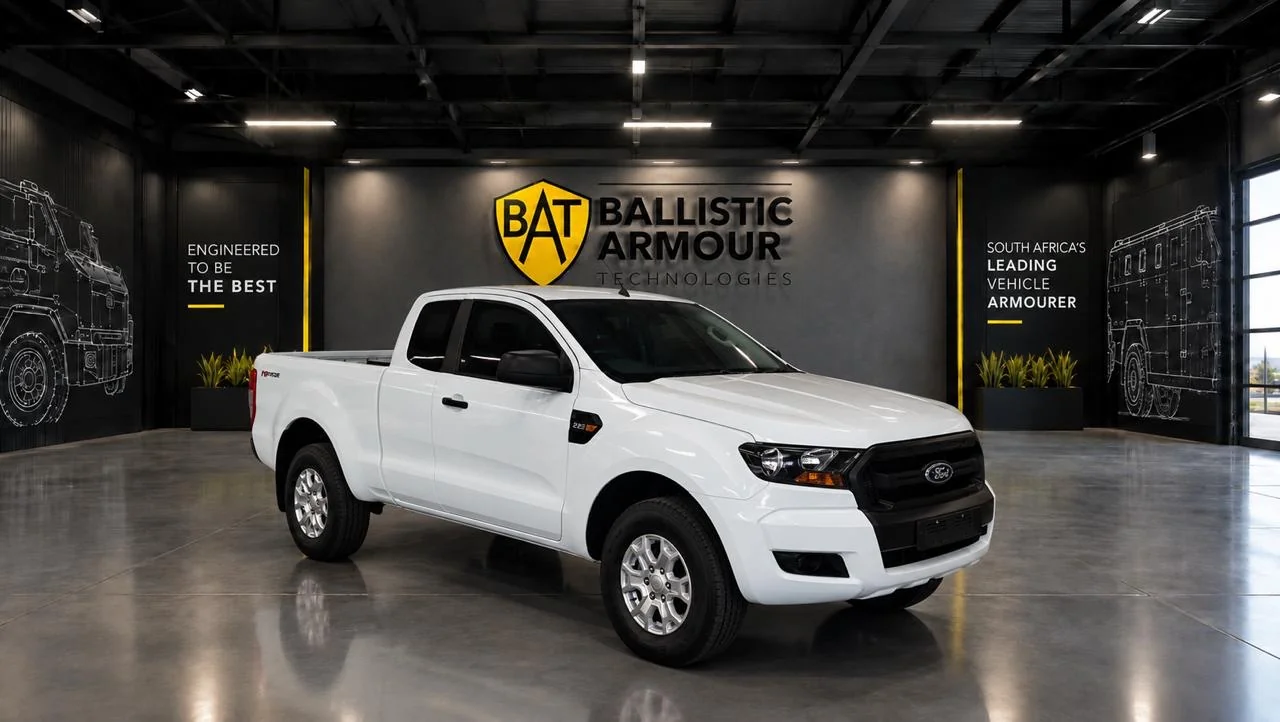 White Ford Ranger club cab in a BAT-branded showroom