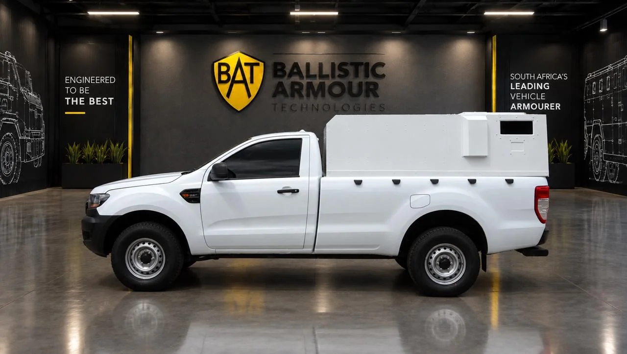 White Ford Ranger single cab with armoured canopy in a BAT-branded showroom