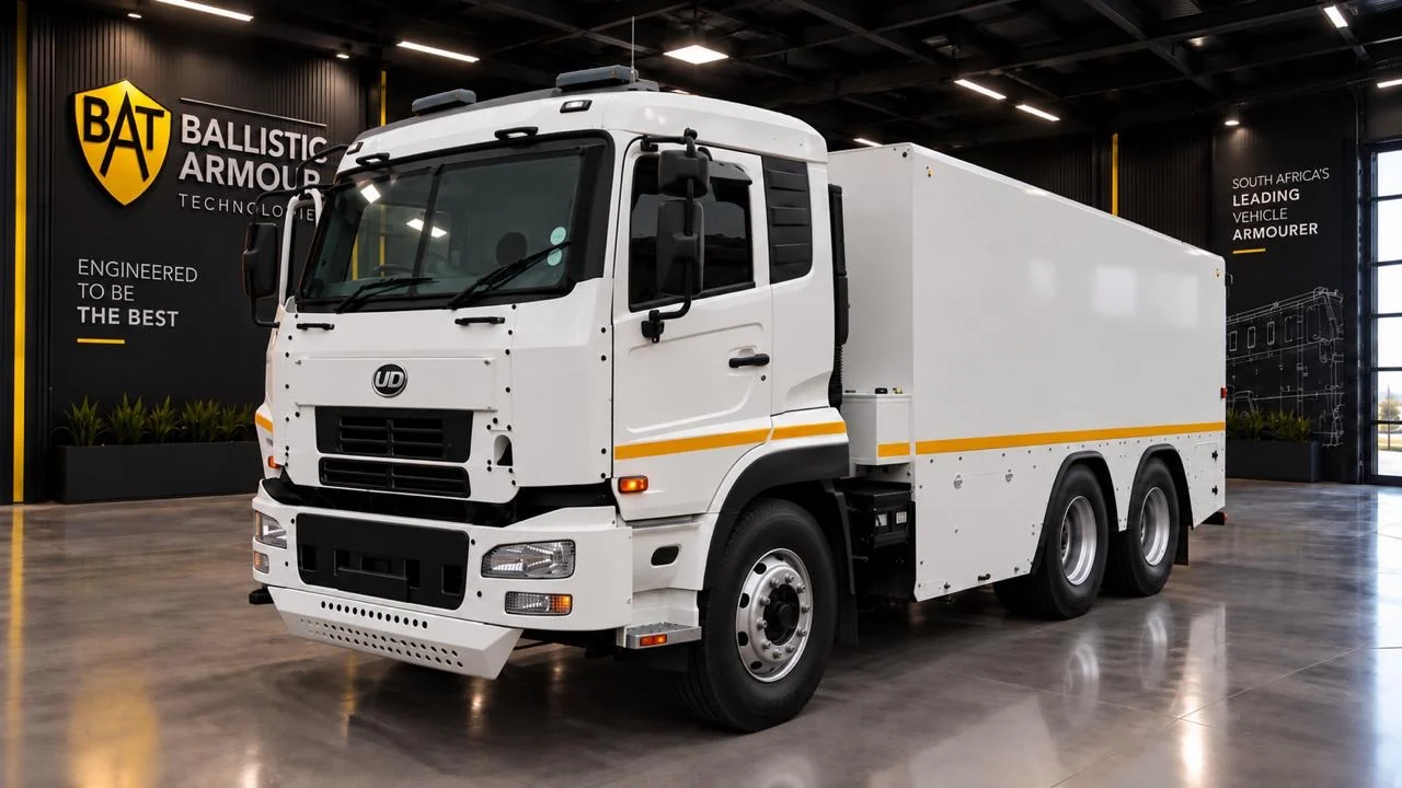 White UD Quon armoured truck in a BAT-branded showroom